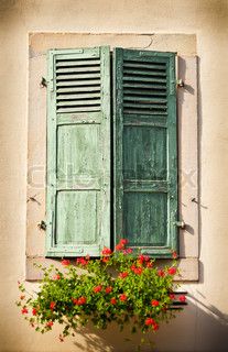 Shutters w a pop of color Cottage Shutters, French Cities, Shutter Images, French Dollhouse, Rustic Shutters, Green Shutters, Fake Window, House Shutters, Window Planters