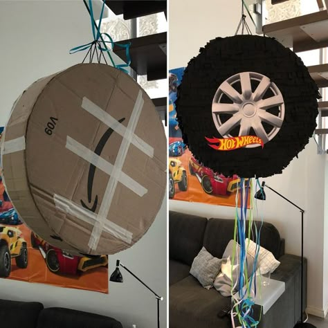 Wheel Pinata, Tire Pinata, Make Pinata, Hot Wheels Themed Birthday Party, Monster Jam Birthday Party, Auto Party, Pinata Diy, Monster Jam Birthday, Hotwheels Birthday Party