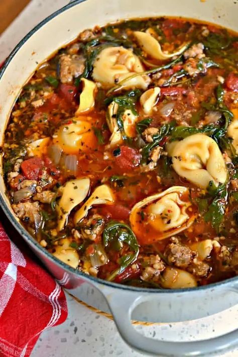 Tortellini Soup with Sausage | Small Town Woman Vegetable Tortellini, Cheese Tortellini Soup, Cheesy Tortellini, Homemade Dressings, Sausage Tortellini Soup, Sausage Tortellini, Italian Sausage Soup, Sausage Soup, Spicy Sausage