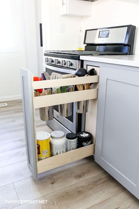 DIY Utensil Pull Out Kitchen Organizer | Vertical Cabinet Organizer 12 Inch Pull Out Cabinet, Utensil Cabinet, Kitchen Pull Out Drawers, Diy Kitchen Utensils, Narrow Cabinet Kitchen, Pull Out Cabinet Drawers, Pull Out Kitchen Cabinet, Diy Utensils, Utensil Drawer Organization