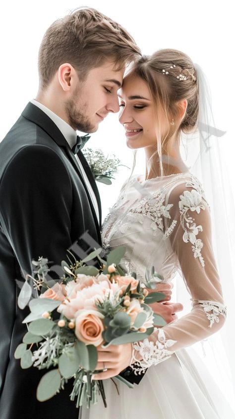 Phalya - bride and groom standing together Classic Black Tuxedo, A Bouquet Of Flowers, White Gown, Black Tuxedo, White Gowns, Couple Photo, Bouquet Of Flowers, The Groom, Photo Backgrounds