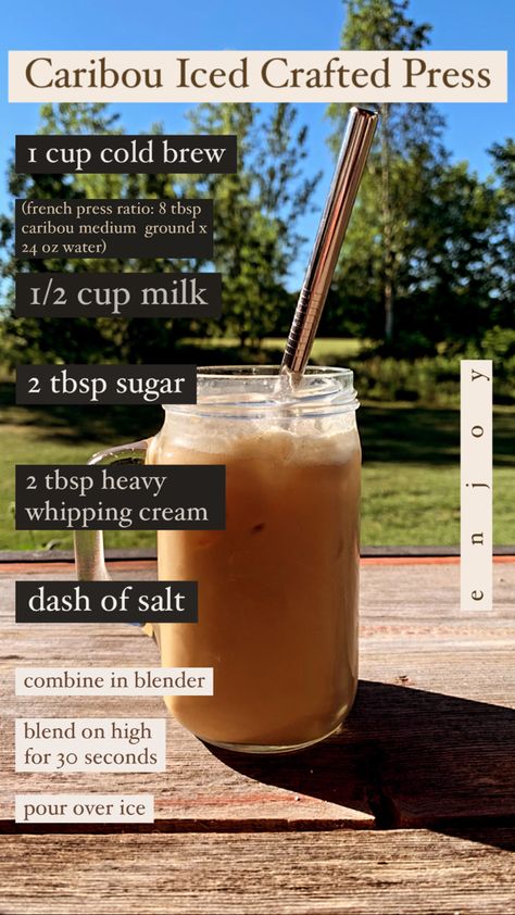 Tastes exactly the same as caribou’s crafted press😋😋 Caribou Drinks Recipes, Caribou Copycat Recipes, Crafted Press Coffee Caribou Recipe, Caribou Crafted Press Recipe, Caribou Coffee Recipes, Caribou Coffee Drinks Recipes, Caribou Coffee Drinks, Caribou Drinks, Ice Crafts