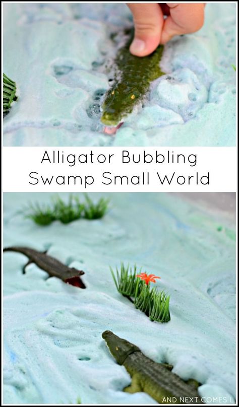 Alligator bubbling swamp small world sensory play for kids from And Next Comes L Alligator Activities, Reptiles Preschool, Alligator Crafts, Wild Florida, Preschool Jungle, Jungle Activities, Swamp Theme, Rumble In The Jungle, Rabbit Cages