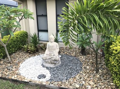 Buddha Landscape Garden Design, Yin Yang Garden Design, Yin Yang Garden, Outdoor Buddha Garden, Small Buddha Garden Ideas, Buddha Garden Backyards, Outdoor Zen Garden, Buddha Garden Ideas, Japanese Garden Backyard