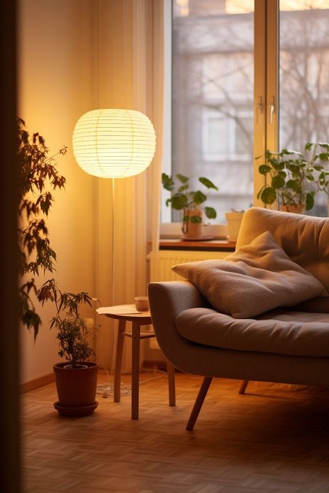 Lamp And Plant In Corner, Rice Paper Floor Lamp, Mid Century Scandinavian Living Rooms, Munich Apartment, Mood Lighting Living Room, Rice Paper Shade, Minimalistic Room, Mcm Living Room, Mid Century Apartment