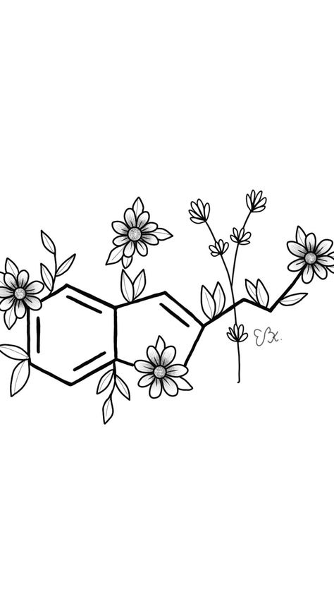 Serotonin Flower Tattoo, Seratonin Small Tattoo With Flowers, Serotonin Molecule Tattoo Flower, Serotonin Wallpaper, Seratonin Small Tattoo, Serotonin Molecule Art, Anexity Tattoo, Self Growth Tattoo Ideas, Serotonin Molecule Tattoo