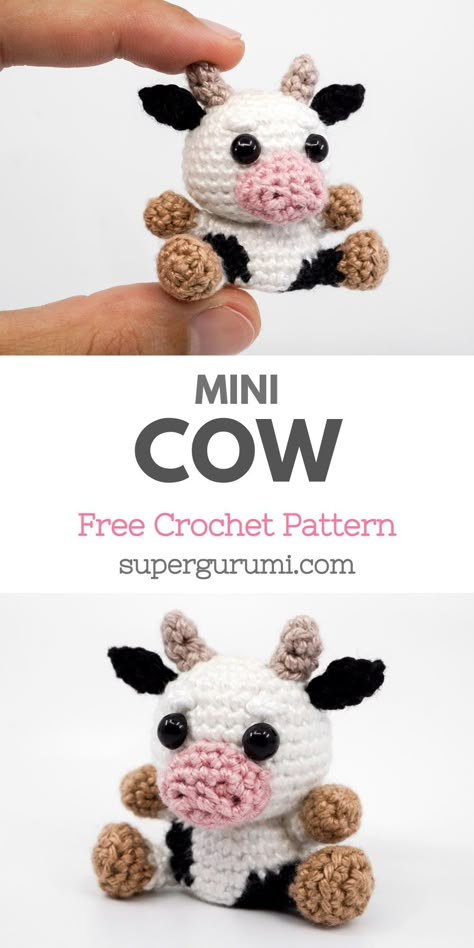 Crochet Cow Mobile Pattern, Mini Crocheted Stuffed Animals, Crochet Mini Farm Animals Free Pattern, Free Crochet Patterns Cows, Amigurumi Plush Cow Free Pattern, Crochet Projects Cow, Crochet Cow Keychains, Crocheted Cow Keychain, Easy Tiny Crochet Animals