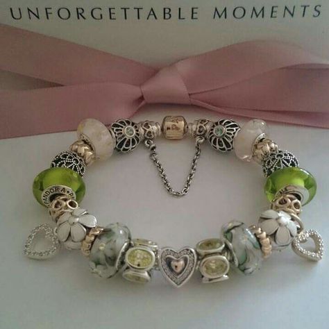 PANDORA Green Spring Inspired Bracelet with pretty Two Tone Charms. Green Themed Pandora Bracelet, Pandora Bracelet Green Theme, Pandora Charm Bracelet Green, Green Pandora Charms, Pandora Bracelet Inspiration, Green Pandora Bracelet, Pandora Bracelet Ideas Inspiration, Pandora Spring, Pandora Green