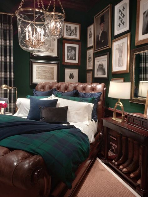 Masculine English Bedroom, Ralph Lauren Man Cave, Old Money Mens Bedroom, Ralph Lauren Boys Room Aesthetic, Polo Lounge, Ralph Lauren Boys Room, Polo Ralph Lauren Bed Set, Ralph Lauren Navy Bed, Male Living Room