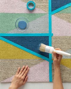 DIY Geometric Area Rug Diy Rug Painting, Rug In Living Room, Drop Cloth Rug, Area Rugs Diy, Painted Floor Cloths, Painted Floor, Painted Rug, Plain Rugs, Floor Cloth