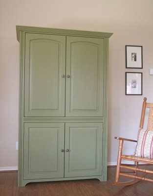 Green armoire Painted Armoire Ideas Before After, Green Wardrobe Furniture, Corridor Cupboard, Green Wardrobe Bedroom, Green Armoire, Diy Homeschool, Green Wardrobe, Restoring Furniture, Computer Armoire