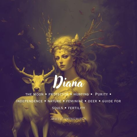 These associations highlight Diana's multifaceted nature as a goddess of the moon, hunting, and the wild, as well as her role as a protector of women and children in Roman mythology. . . . . . . . . . #witchlife #witchesofinstagram #moonmagick #witch #witchcraft #pagan #spiritual #Spirituality #witchytips #witchyaesthetic #babywitch #modernwitch #greenwitch #magickaltools #beginnerwitch #magickalsupplies #witchy #witchtok #witchyvibes #halloween #pagansofinstagram #witchessociety #witchesofig... Animal Goddess Aesthetic, Working With Artemis Witchcraft, Diana Goddess Of The Hunt, Goddess Sagittarius, Artemis Offerings, Deer Woman Mythology, Witchcraft Basics, Diana Goddess, Goddess Diana