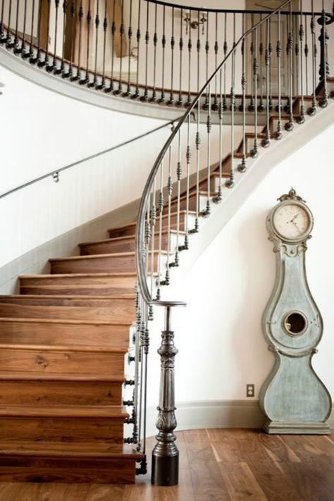 French Staircase, Mora Clock, Transitional Staircase, Swedish Interior Design, Swedish Interiors, Alice Lane Home, Transitional Exterior, Vibeke Design, Swedish Decor