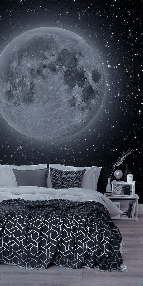 Moon Stars Wallpaper, Monochrome Bedding, Galaxy Bedroom, Wallpaper Bedroom Feature Wall, Galaxy Room, Moon And Stars Wallpaper, Feature Wall Bedroom, Space Themed Bedroom, Stars Wallpaper