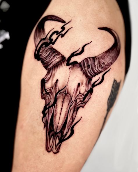 Bull skull done for Alicia 🐂🖤 Made with love at @wolfandgoattattoo • • • • • #taurus #taurustattoo #denvertattoo #blackwork #coloradotattoo Bull Skull Tattoos, Colorado Tattoo, Bull Tattoo, Taurus Tattoos, Bull Skull, Black Bull, Bull Skulls, Skull Tattoos, Made With Love