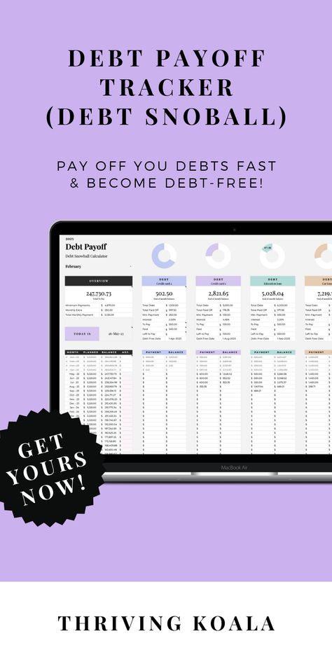 Debt Snowball Spreadsheet / Debt Payoff Tracker - Budgeting for Beginners by Thriving Koala 💰🐨 grocery_shopping_aesthetic_list #saving_money_monthly🔰 Saving Money Monthly, Expenses Template, Finance Spreadsheet, Debt Snowball Spreadsheet, Debt Snowball Calculator, Budgeting For Beginners, Debt Payoff Tracker, Personal Budget Template, Weekly Budget Template