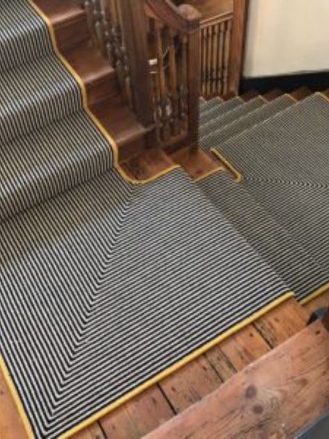 A lovely modern black and white striped carpet from Hugh Mackay. The customer also decided to take advantage of our in house carpet whipping service, and chose this bright and beautiful yellow colour to frame the runner. Absolutely stunning. Feature Staircase, Stripe Carpet, Staircase Carpet, House Carpet, Bespoke Staircases, Staircase Runner, Striped Carpets, Staircase Ideas, Carpet Fabric