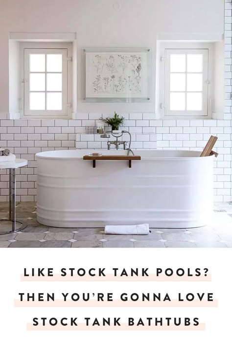 We love stock tank pools, but we love stock tank bathtubs even more. Expect to see these affordable and trendy vessels popping up in bathrooms everywhere. — via @PureWow Bathrooms Decor, Remodeling Bathroom, French Country Bathroom, Walk In Shower Designs, Shower Mirror, Bedroom Remodel, Stock Tank, Bad Design, Bathroom Remodeling