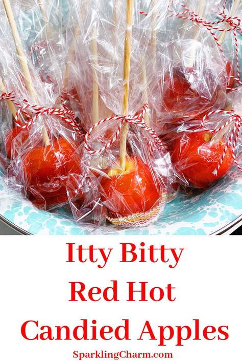 Itty Bitty Red Hot Candied Apples. Oh so fun to eat little things. These are the perfect size for a candied apple. Just enough! You must try this easy recipe. #halloween #trickortreat #halloweenpartyideas #fall #apples #ittybittyapples #smallbites Holiday Candy Apples, How To Make Red Candy Apples, Slice Candy Apples, Red Hot Candy Apples, Candy Apple Slices Red, Apple Bites Recipe, Mini Candy Apples, Halloween Candy Apples, Red Hots Candy