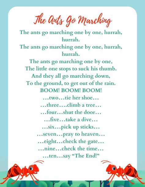 Ants Go Marching Song, Rhyming Poems For Kids, The Ants Go Marching, Nursery Rhymes Toddlers, Ants Go Marching, Nursery Rhymes Lyrics, Insects Preschool, Rhyming Poems, Classroom Songs