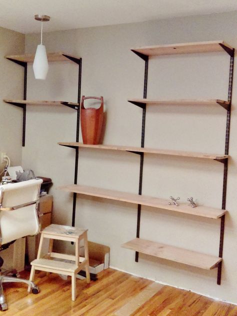 Build Your Own Mid-century Modern Shelving Unit Mid Century Modern Shelving Unit, Mid Century Wall Shelves, Track Shelving, Mid Century Modern Shelves, Mid Century Wall Unit, Modern Shelving Units, Mid Century Modern Bookcase, Diy Mid Century Modern, Diy Mid Century