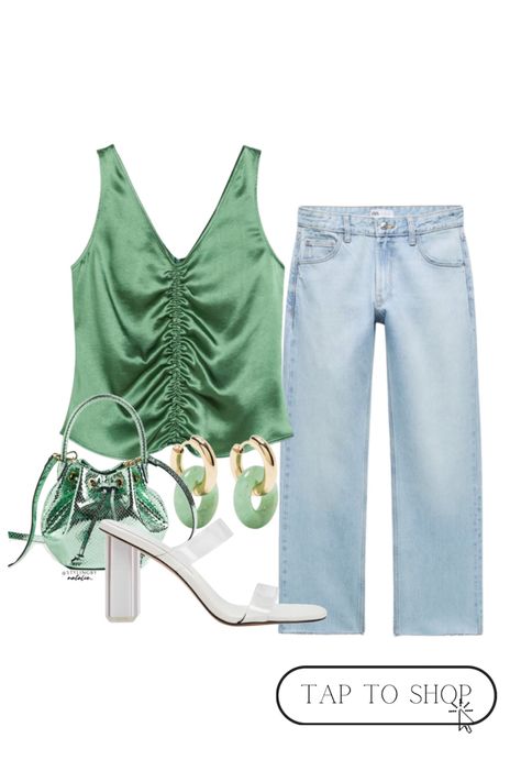 Green Going Out Outfits, Green Hoop Earrings, Top Spring Outfits, Jeans And A Nice Top, Green Silk Top, Green Bralette, High Street Style, Outfit Date, Date Night Fashion