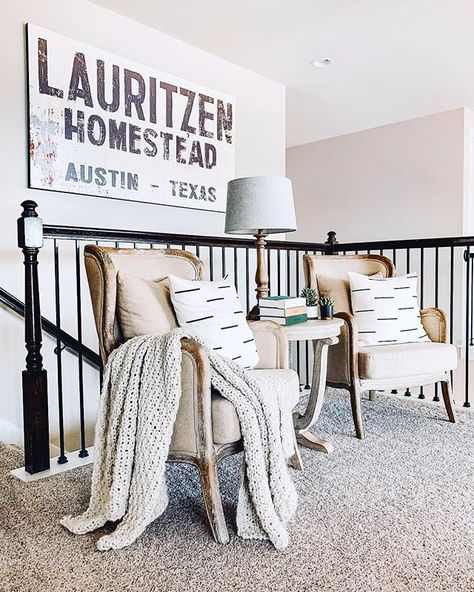 holly+brad | ourfauxfarmhouse on Instagram: “There’s a little landing space at the top of our stairs and it is the most awkward space to decorate. 🤪 Do you have an awkward space like…” Upstairs Landing Tv Area, Office Landing Upstairs, Loft Area Ideas Upstairs Cozy, Upstairs Living Room Ideas Loft, Top Of Stairs Landing Decor, Top Of Stairs Landing, Small Loft Ideas Upstairs, Loft Area Ideas Upstairs, Stairs Landing Decor