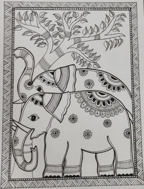 Madhubani Painting Elephant Easy, Madhubani Painting Outline, Madhubani Art Elephant Design, Easy Folk Art Drawing, Elephant Drawing Embroidery, Beautiful Madhubani Art, Madhubani Painting Drawing, Madhubani Elephant Design, Madhubani Pencil Drawing