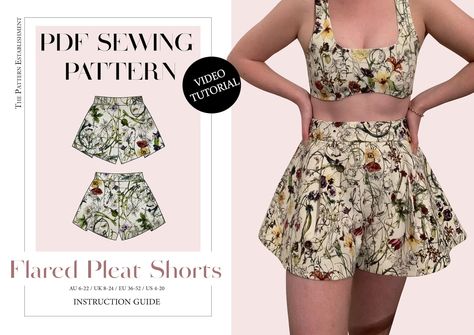 Women's Flared Pleat Shorts Sewing Pattern Ladies - Etsy New Zealand Flare Shorts Sewing Pattern, Plus Size Patterns For Women Free Summer, Cheeky Shorts Pattern, Flare Shorts Pattern, Circle Shorts Pattern, A Line Shorts Pattern, Skirt Shorts Pattern, Plus Size Shorts Pattern, Flowy Shorts Pattern