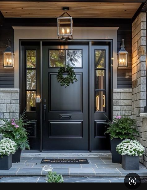 Wide Black Front Door, Thermatru Front Door, Door Front Design, Front Exterior Doors, Black Front Door, House Front Door Design, Black Front Doors, House Front Door, Entry Way Design