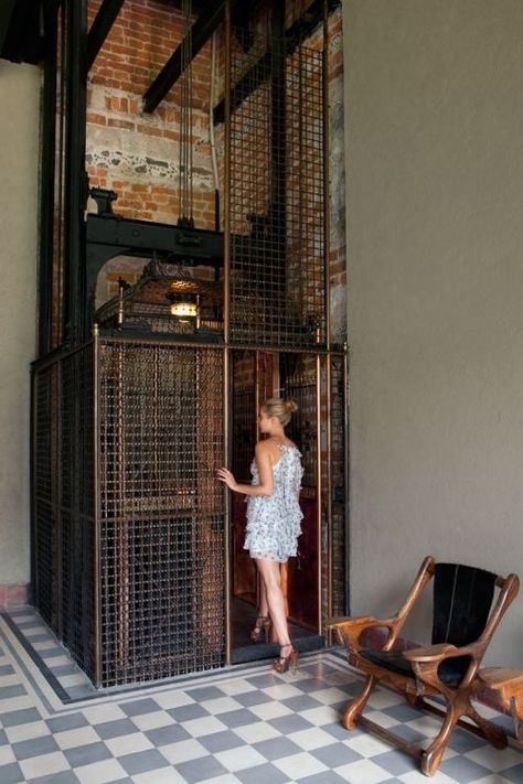 Love the look of a old elevator in an industrial style setting Downtown Mexico City, Elevator Interior, Hostels Design, Elevator Lobby, Kentish Town, Residence Life, Elevator Design, Mexico Hotels, Lift Design