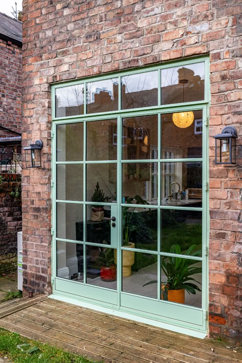 Crittall External Door Green Crittall Doors, Cottage Glass Doors, Crittal Doors To Garden, Green Crittal Doors, Crittal Doors External, Glass Door To Backyard, Bifold Door Kitchen, White Crittal Doors, Crittle Doors