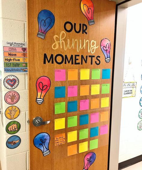 Our ✨SHINING✨ Moments! Every time I catch a student in one of those “lightbulb” 💡shining moments, I will go write them a note under their name! The squares are just 4.25” cardstock cuts. I cut all of this with my Cricut! Lightbulb clip art from @teachergolz 💡I taped the squares up and covered them with Dry-Erase Contact paper from @amazon! 💕 . . . . . #teachersloveamazon #cricutclassroom #bulletinboard #classroomdoor #classroomdecor Lightbulb Moments Classroom, Lightbulb Classroom Theme, Classroom Setup Elementary, School Wide Themes, Energy Bus, Birthday Chart, Students Christmas, School Displays, School Banner