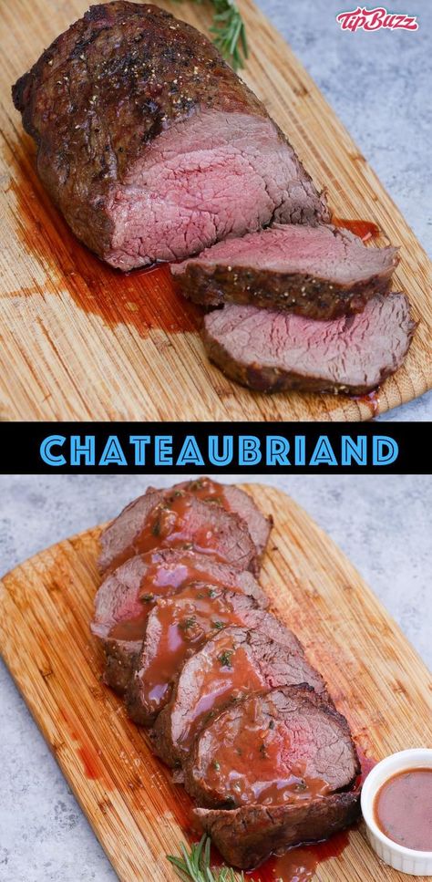 Chateaubriand is a thick center cut of beef tenderloin, sometimes called a chateaubriand steak or filet mignon roast. This traditional French dish is perfect for two served with potatoes and a homemade sauce! Filet Mignonette Roast, How To Cook Chateaubriand, Sauce For Beef Tenderloin Filet Mignon, French Roast Beef Recipes, Filet Mignon Roast In The Oven, Filet Mignon Roast Recipes, Meat Main Course, Chateau Briand Recipe, Christmas Brisket Recipes