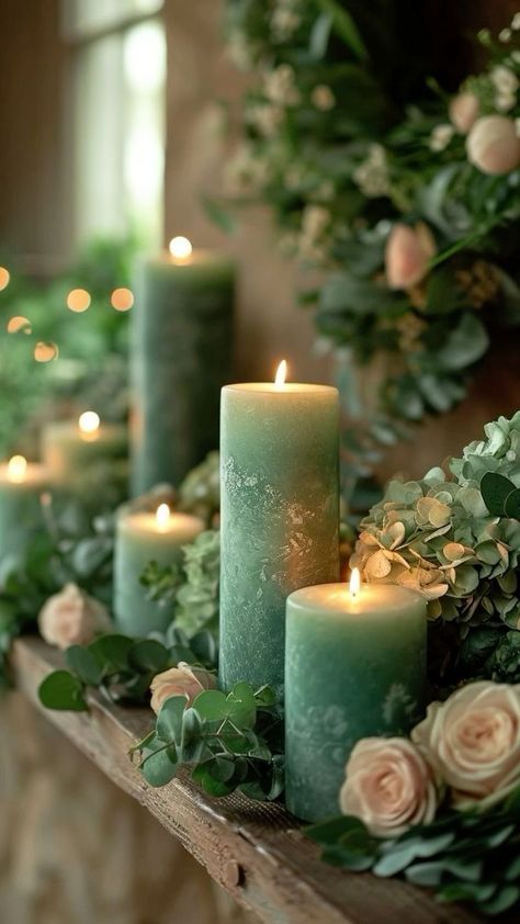 Candlelight Aesthetic, Candle And Flower, Green Candles, French Vintage Decor, Christmas Apartment, Green Candle, Mantel Decorations, Candle Lanterns, Green Aesthetic