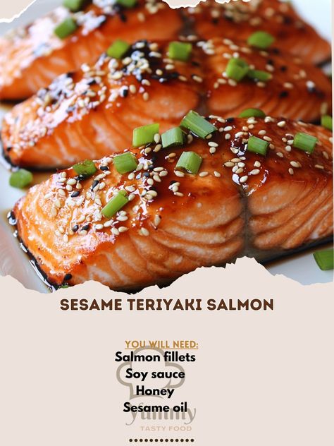 🍣 Indulge in the delicious flavors of Sesame Teriyaki Salmon! 🥢 #SalmonLovers #AsianCuisine Sesame Teriyaki Salmon Ingredients: Salmon fillets (4) Soy sauce (1/4 cup) Honey (2 tbsp) Sesame oil (1 tbsp) Garlic (2 cloves, minced) Ginger (1 tsp, grated) Sesame seeds (1 tbsp) Green onions (for garnish) Instructions: Mix soy sauce, honey, sesame oil, garlic, and ginger for marinade. Marinate salmon for 30 minutes. Bake salmon at 375°F for 15-20 minutes. Sprinkle with sesame seeds and garnish w... Salmon With Ginger Soy Sauce, Sesame Soy Salmon, Marinate Salmon, Bake Salmon, Marinated Salmon, Garlic And Ginger, Honey Sesame, Honey Oil, Teriyaki Salmon