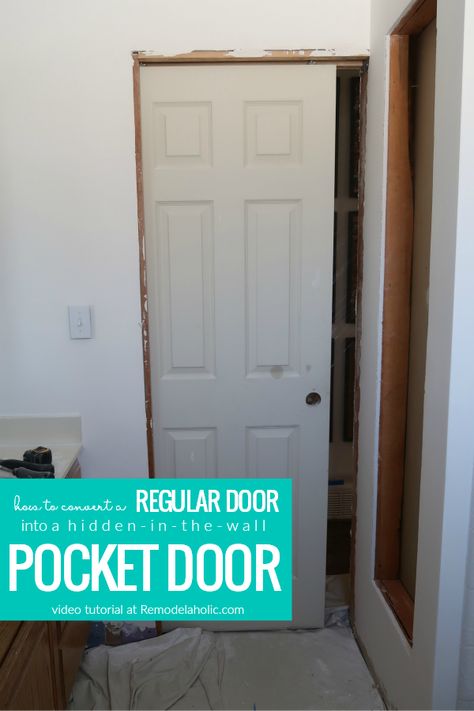 Learn to install a pocket door frame the easy way. A pocket door will save your floor space and open up valuable square footage for behind the door storage, hallway space, and more. Convert your existing door to a hidden pocket door in your existing wall space following our video tutorial. #remodelaholic via @Remodelaholic Pocket Doors Diy, How To Install A Pocket Door, Diy Pocket Door, Pocket Doors Bathroom, Pocket Door Installation, Door Hallway, Pocket Door Frame, Storage Hallway, Pocket Door