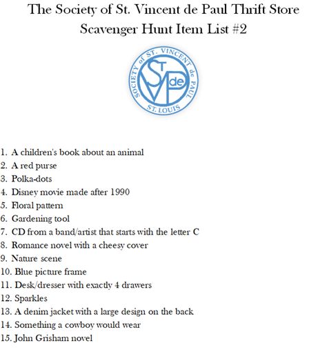 How To Do a Thrift Store Scavenger Hunt | Society of St. Vincent de Paul Thrift Store Scavenger Hunt, Store Scavenger Hunt, Teen Scavenger Hunt, Scavenger Hunt List, John Grisham, Blue Picture Frames, St Vincent, Red Purses, Team Photos