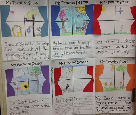 "My favorite season" writing with construction paper curtains on window. Favorite Season Writing, Weather Poetry, Paper Curtains, Weather Kindergarten, Science Anchor Charts, 3rd Grade Writing, Spring Classroom, 2nd Grade Writing, First Grade Writing