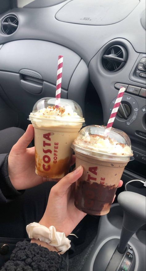 Two frappè’s with whipped cream - caramel and brownie flavour Costa Coffee Drinks, Costa Coffee Cup, Autumn Drinks, Milkshake Bar, Frappuccino Inspired Recipes, Costa Coffee, Coffee Queen, Coffee Obsession, Caramel Coffee