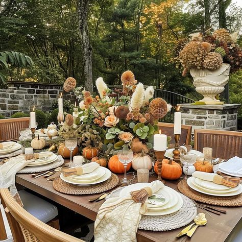 fall_tablescapes_circle_table (8) Outdoor Breakfast Table, Fall Tablescapes Farmhouse, Outdoor Breakfast, Harvest Tables, Brunch Tablescape, Fall Brunch, Farmhouse Glam, Fall Dinner Party, Fall Table Centerpieces