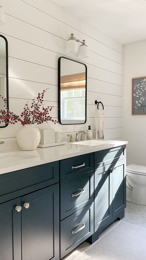 Bm simply white, navy vanity Mixed Metal Bathroom, Mixing Metals In Bathroom, Navy Vanity, Modern Coastal Bathroom, Farmhouse Bathroom Mirrors, Boy Bath, Blue Vanity, Matte Black Bathroom, Shiplap Accent Wall