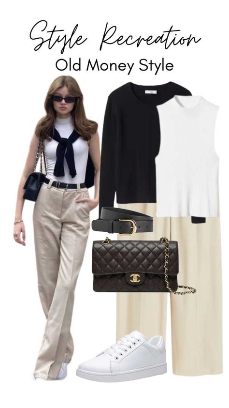 Outfit Ideas With Black Shirt, Trousers White Outfit, Black White Casual Outfit, Classic White Sneakers Outfit, Casual Outfits Old Money, White Shirt Elegant Outfit, Trousers Beige Outfit, Casual Beige Outfit, Outfit With Chanel Bag