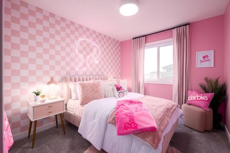 We love a good themed room. If you've ever visited one of our showhomes here in Calgary, you may have noticed that. We're in the process of brainstorming ideas for our next themed room. We'd love to hear your suggestions. Please comment your ideas down below ⬇️ #dreamhome #themedroom #loveitorcustomizeit #yourshanehome #showhomes #calgaryhomes #yychomes Pink Barbie Bedroom, Pink Checkered Wallpaper, Neon Pink Lights, Exterior Wall Insulation, Checkered Wallpaper, Victoria's Secret Pink Wallpaper, Barbie Bedroom, Pink Bedroom Design, Spring Bed