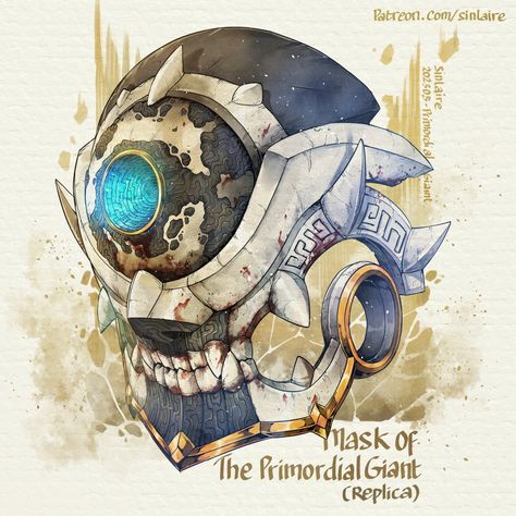 Sinlaire on Twitter: "Item - Mask of The Primordial Giant Wondrous item, very rare Mask made in the image of the Primordial Titan king, the One-Eyed Tyrant. Along with an incomplete replica made by its worshiper. Hi-res images, stats, and cards available on Patreon #dndart #dnd #patreoncreator https://t.co/6gybs14pe7" / Twitter Magic Armor, Artifact Art, Fantasy Props, Magic Design, Dnd Art, Alien Art, D&d Dungeons And Dragons, Dungeons And Dragons Homebrew, Concept Art Drawing