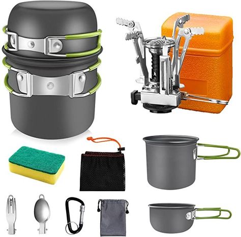 【Food Grade Aluminum Material】: The camping cooking set is made of Non-Toxic Anodized Aluminum Material, solid and durable, which can resist high temperature. You could rest assured to enjoy cooking. 【Convenient Camping Gas Stove】: The stove is designed with piezo ignition system. You don't need any other tools to create a spark. There is a flame controller. You can adjust flame flow as you want. Camping Cooking Set, Camping Cooking Utensils, Camping Cooker, Camping Gas Stove, Camping Pot, Camping Gas, Camping Cooking, Outdoor Stove, Camping Cookware