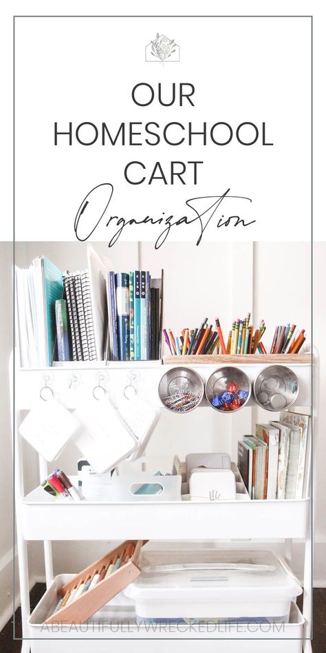 We finally made the switch to a 3-tiered rolling homeschool cart, and today on the blog I'm giving you a tour of our homeschool cart organization! Homeschool Organization | Homeschooling in Small Spaces | Homeschool Curriculum Organization | Homeschool Supplies | Organizing Our Homeschool Cart | Rolling Cart Home School Storage Small Spaces, Homeschool Trolley, Homeschool Subject Organization, Homeschool Cart Storage, Homeschool Work Organization, Home School Organization Aesthetic, Minimalist Homeschool Organization, Minimal Homeschool Organization, Rv Homeschooling Organization