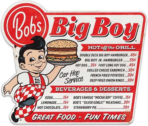 Amazon.com: Open Road Brands Bob's Big Boy Menu Great Food Fun Times Metal Sign - Vintage Bob's Big Boy Sign for Kitchen, Dining Room, or Man Cave : Everything Else Diner Menu, Diner Sign, French Fried Potatoes, Boy Sign, Vintage Diner, Vintage Menu, Vintage Bob, Strawberry Pie, Retro Wall Decor