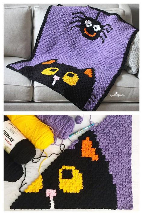 Halloween C2C Blanket Free Crochet Patterns Halloween Blanket Crochet, C2c Blanket, Thanksgiving Crochet, C2c Crochet Pattern Free, Crochet Bat, Repeat Crafter Me, Classy Halloween, Corner To Corner Crochet, Crochet Halloween