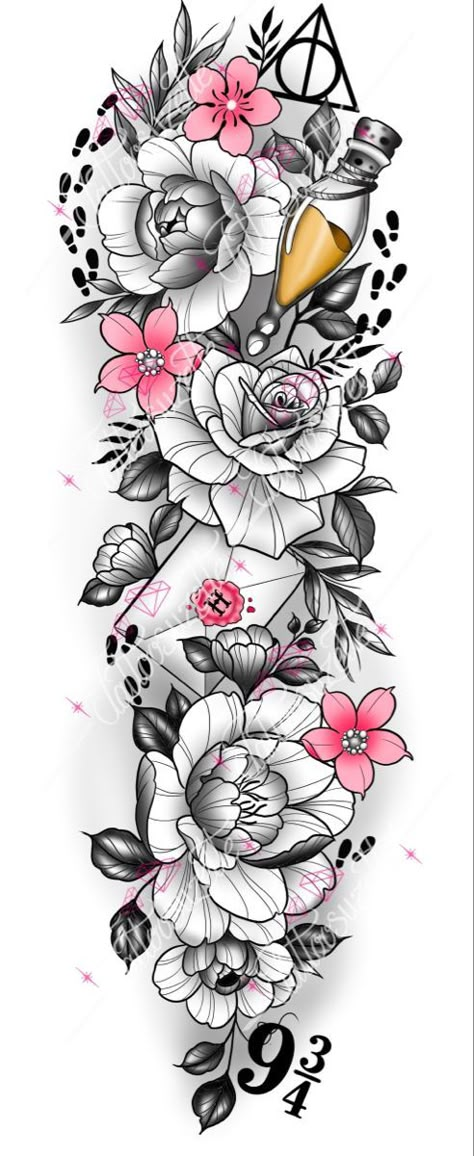 Harry Potter Floral Sleeve Tattoo, Harry Potter Tattoos With Flowers, Nerdy Sleeve Tattoos For Women, Floral Disney Tattoo Sleeve, Creative Harry Potter Tattoos, Flower Harry Potter Tattoo, Harry Potter And Disney Tattoo, Harry Potter Arm Tattoo Ideas, Harry Potter Flower Tattoo